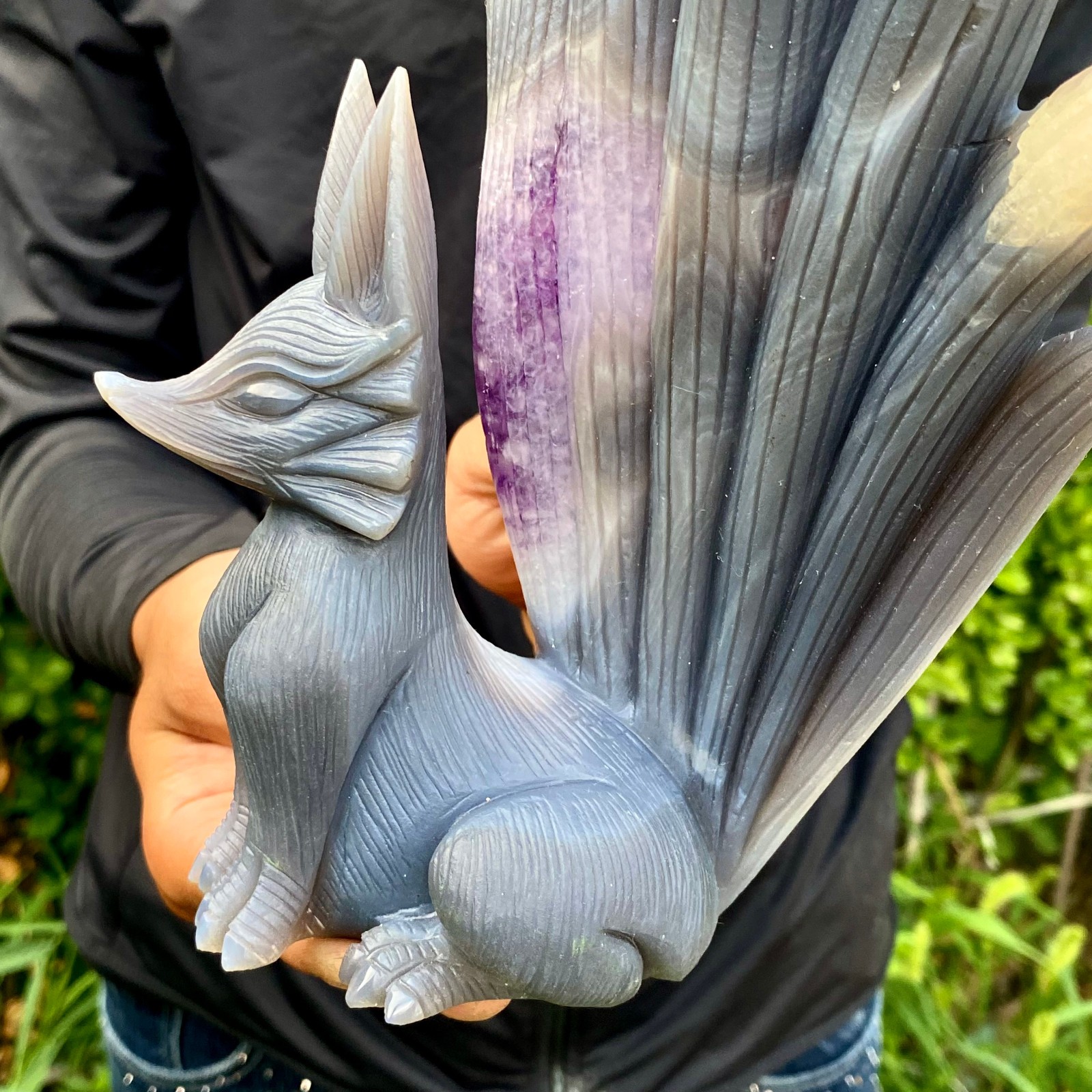 3.99LB Natural Agate Geode Hand Carved Nine-tailed Fox Quartz Crystal Decor