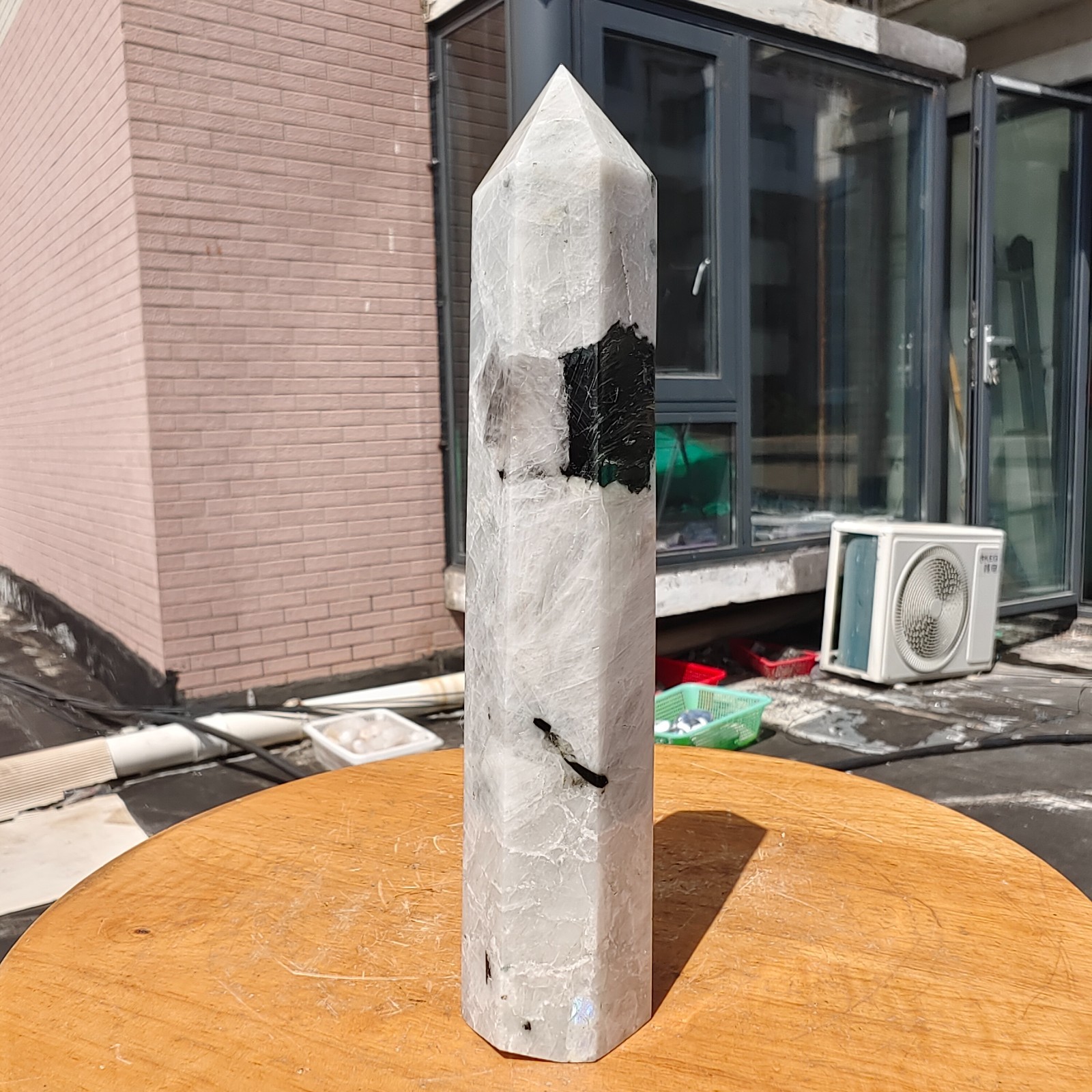 489g Large White Rainbow Moonstone Crystal Obelisk Tower Point Quartz Healing