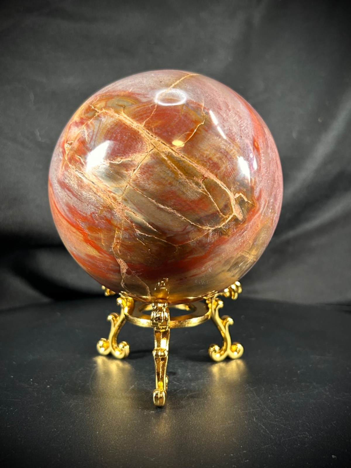 4″ Petrified Wood Sphere With Metal Stand 3lb 0.4oz (1371 grams)