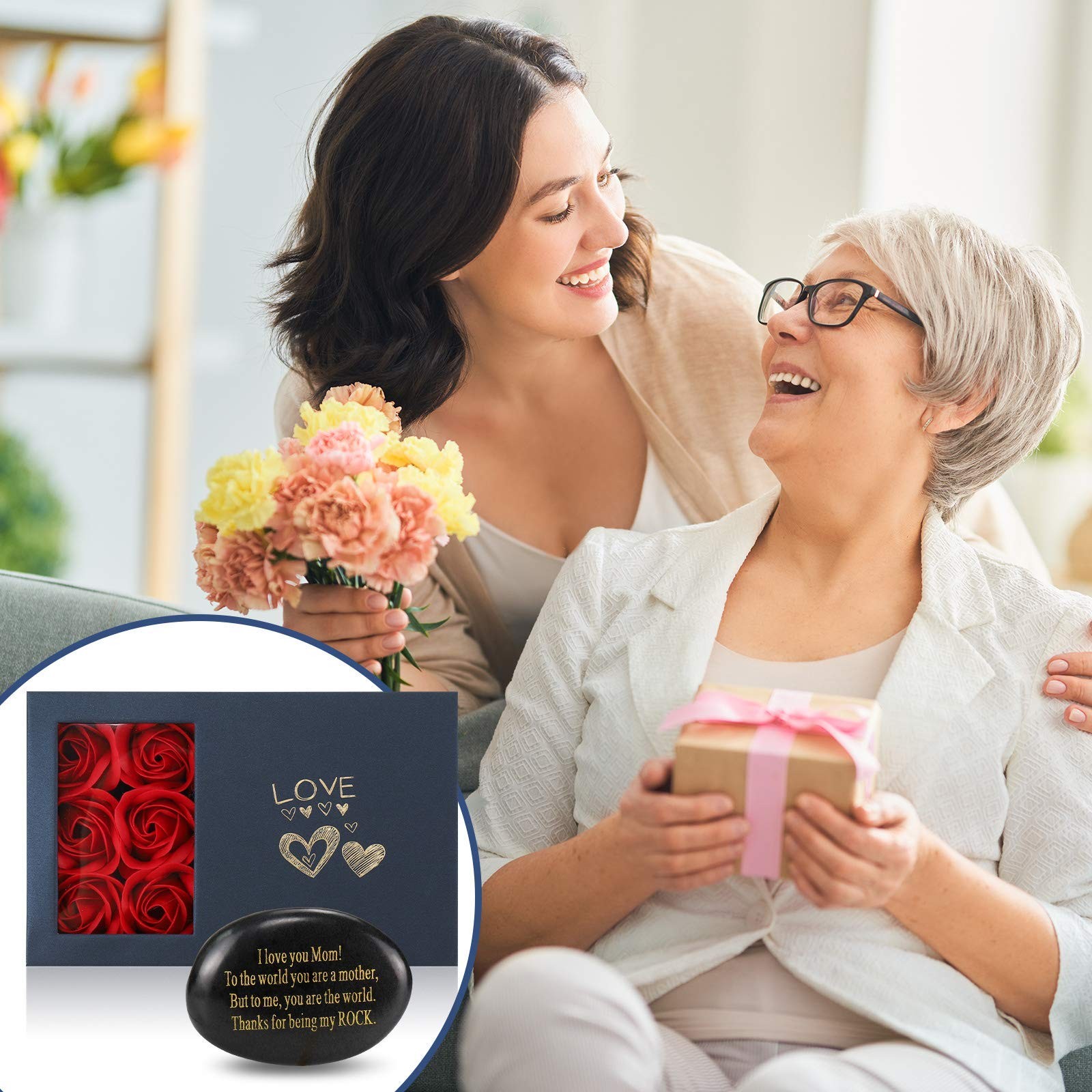 Mothers Day Gifts for Mom from Son – You Are My Rock Gift with Rose, Birthday…