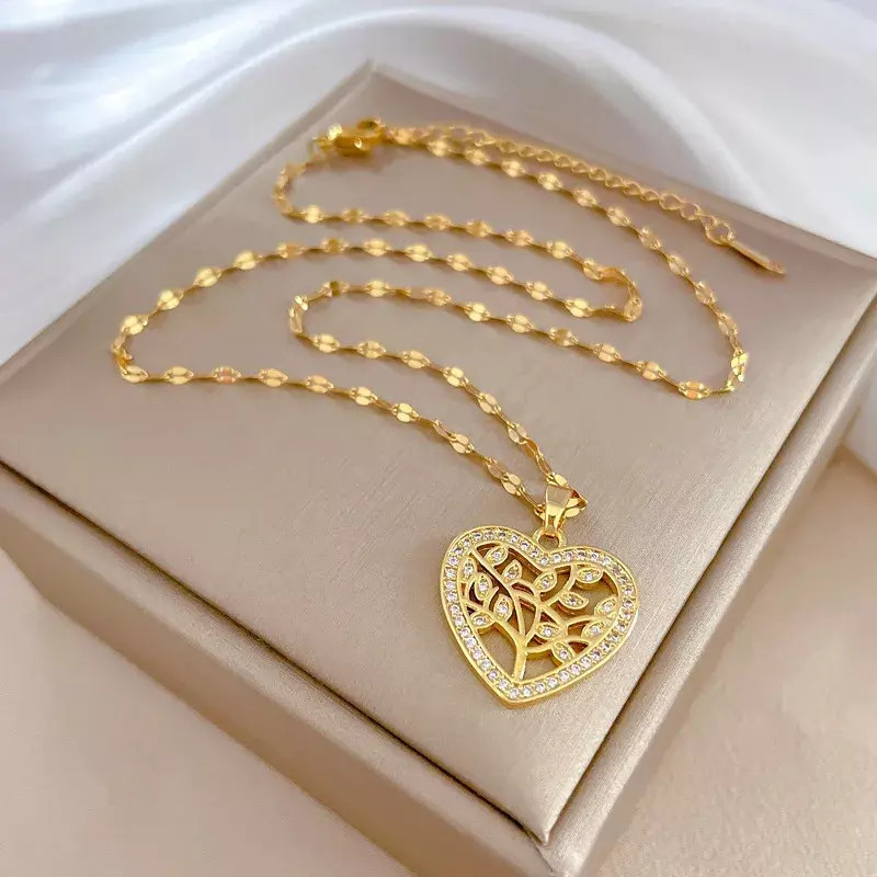Women Fashion Jewelry Cubic Zircon Gold Tree Of Life Heart Pendant Necklace 1PC