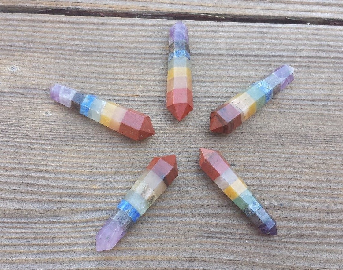 NATURAL 7 CHAKRA BONDED DOUBLE TERMINATED GEMSTONE CRYSTAL PENCIL POINT (ONE)