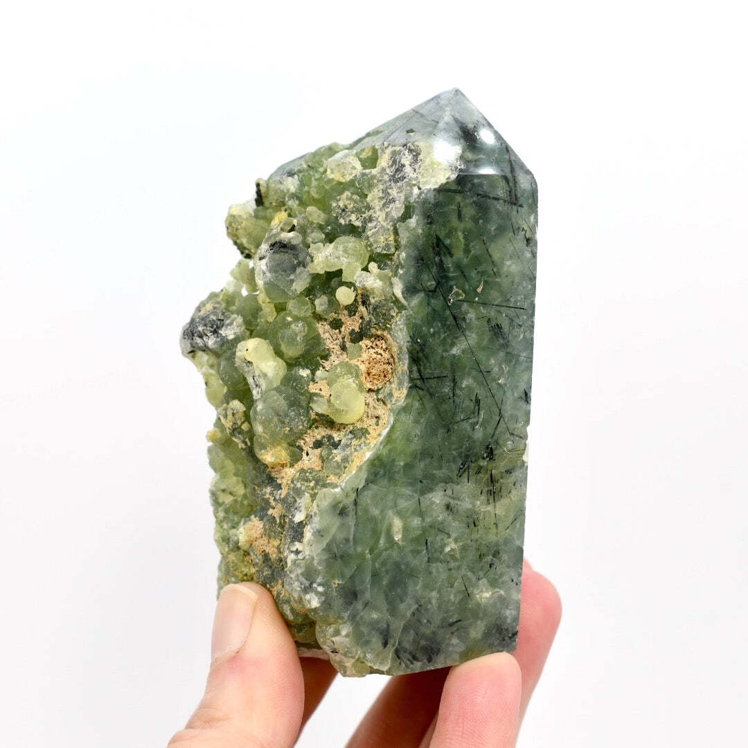 4in 345g Botryoidal Prehnite Epidote Crystal Tower, Namibia