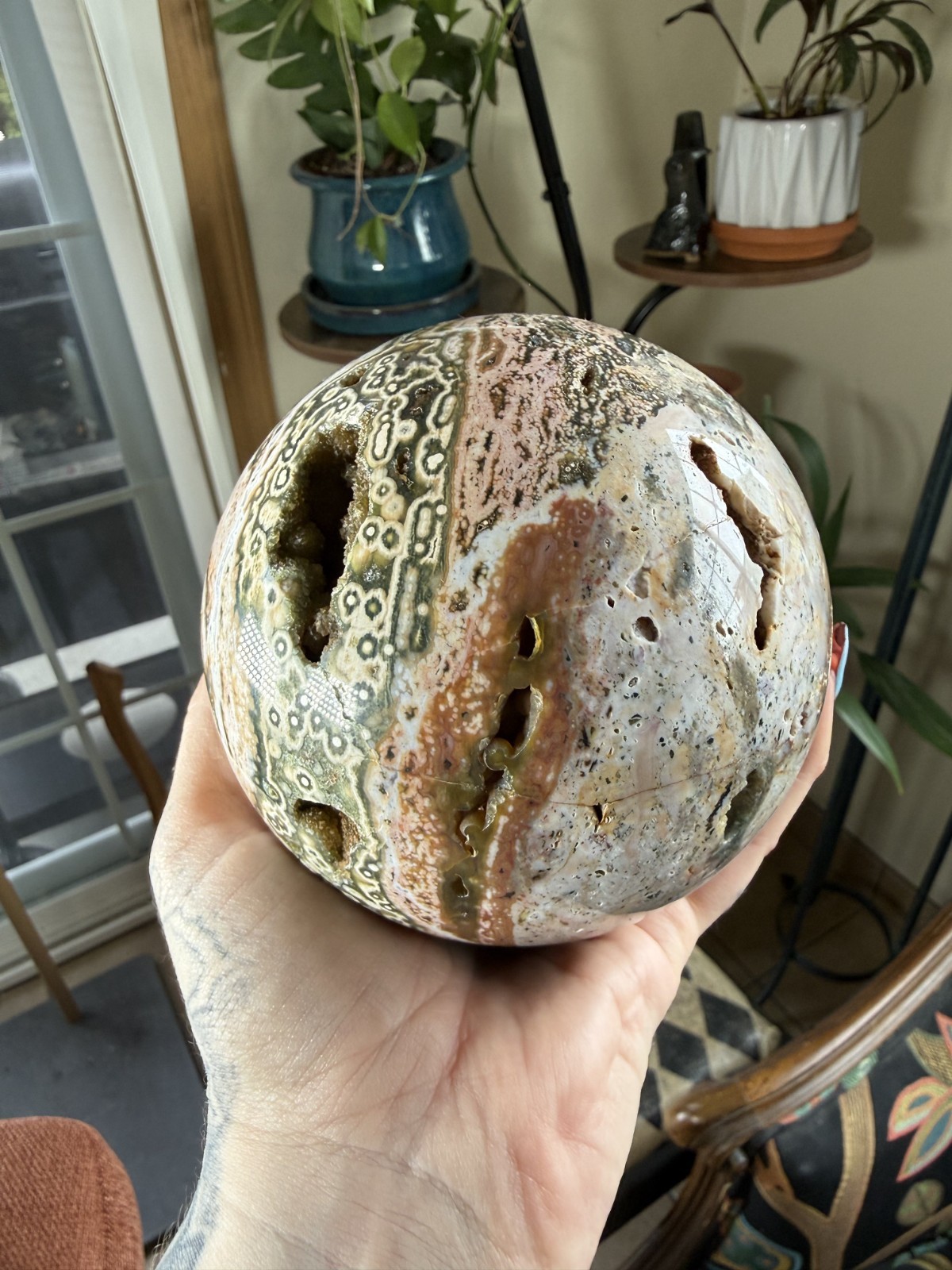 8th Vein Ocean Jasper Sphere – Druzy Pockets – Green, Pink, White – 3.69lbs