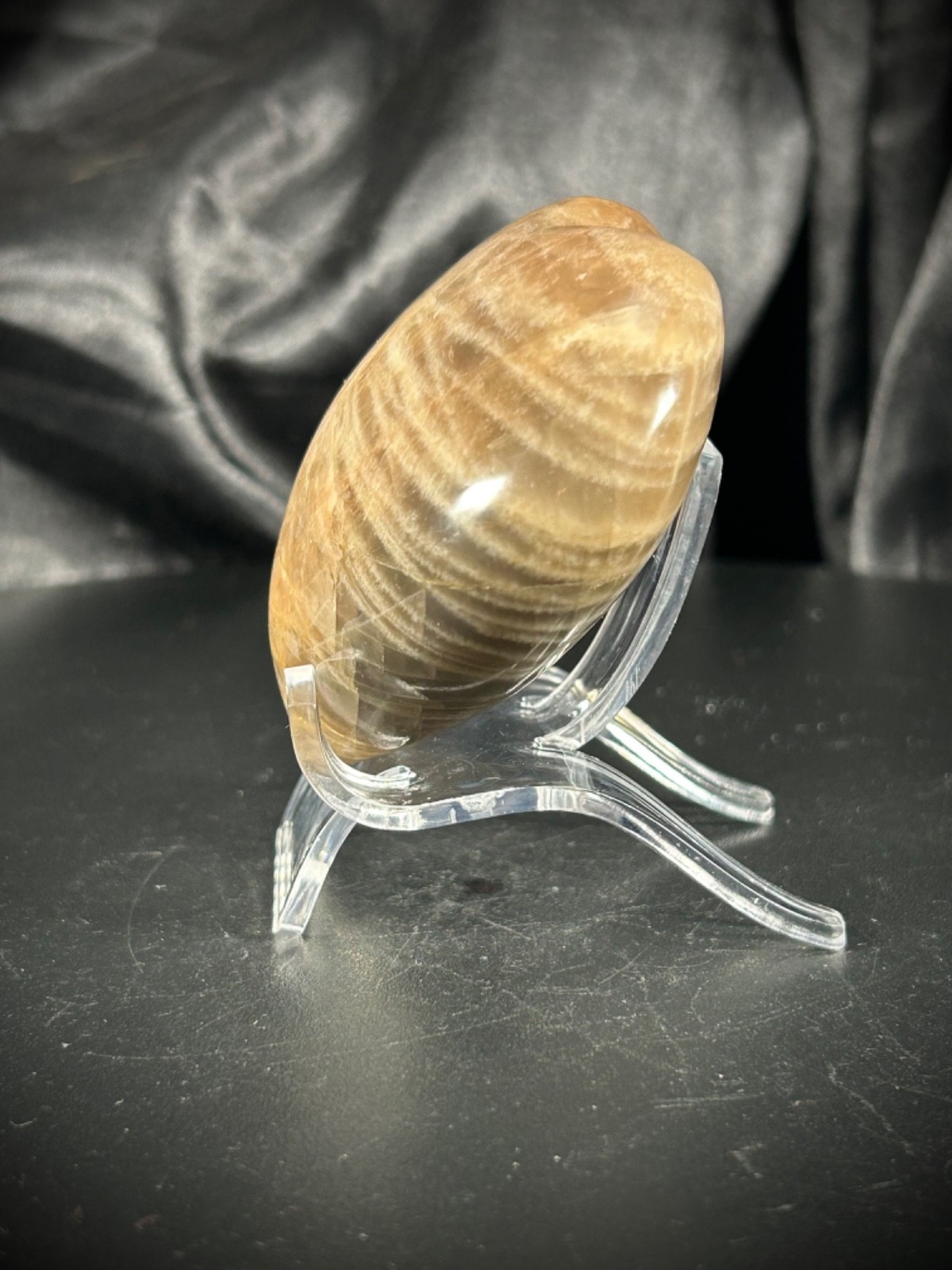 2.79″ Black Peach Moonstone With Acrylic Stand 6.3oz (178 grams)
