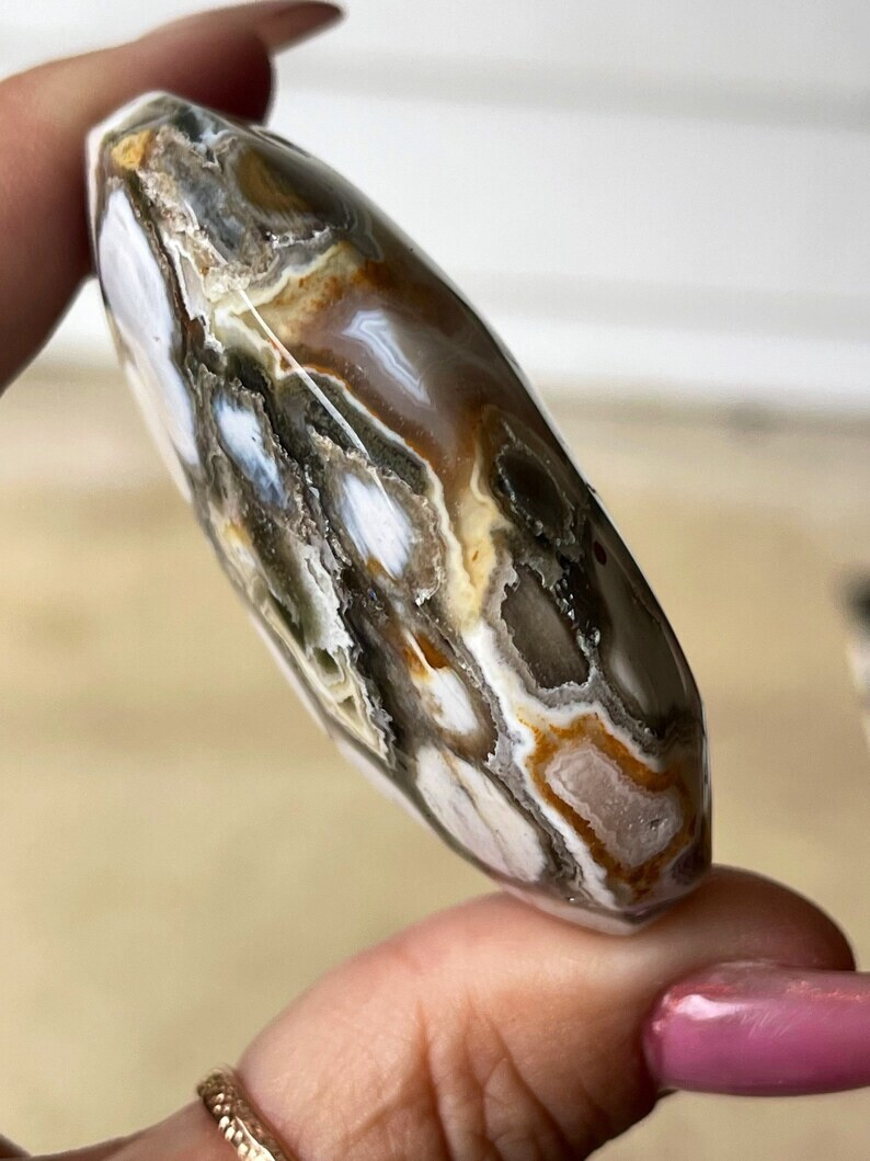 8th Vein Ocean Jasper Big Palmstone with Orbs and Quartz Collectors Crystal