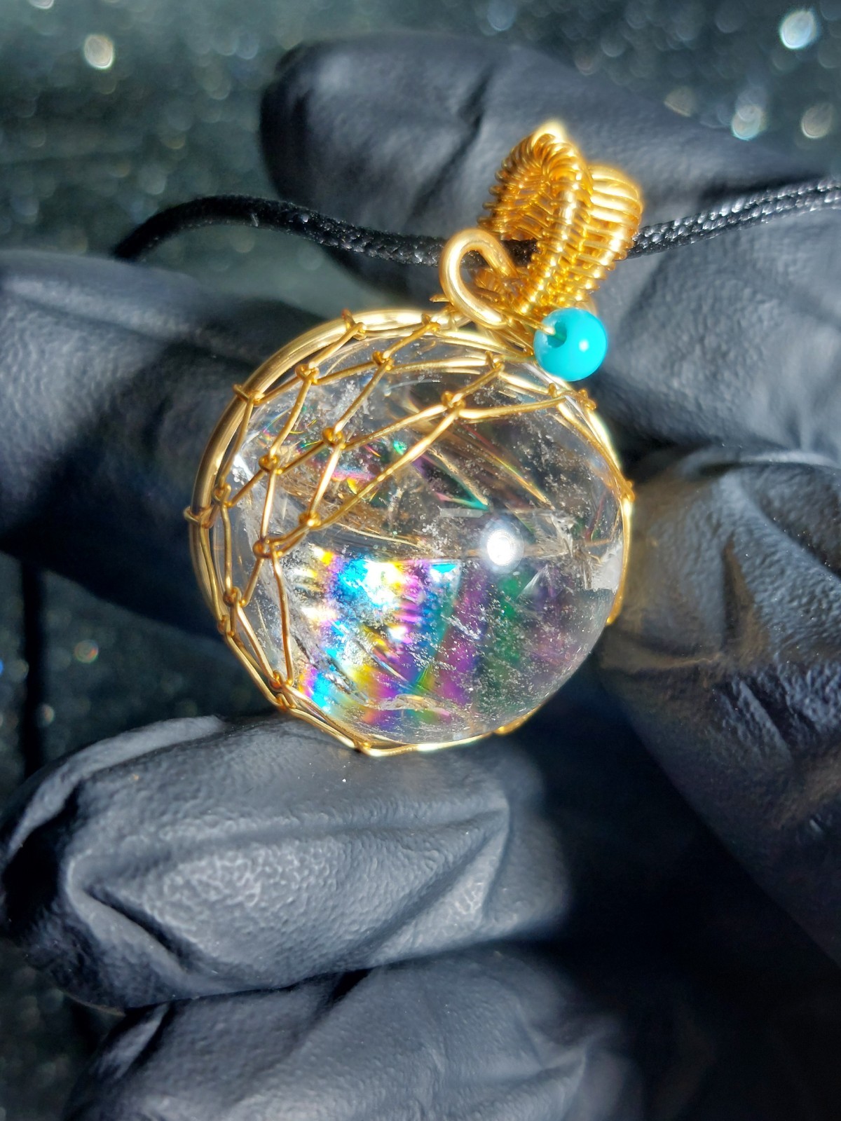 Clear Quartz Sphere Necklace 21mm Gold Wire Wrap – Rainbow High Quality