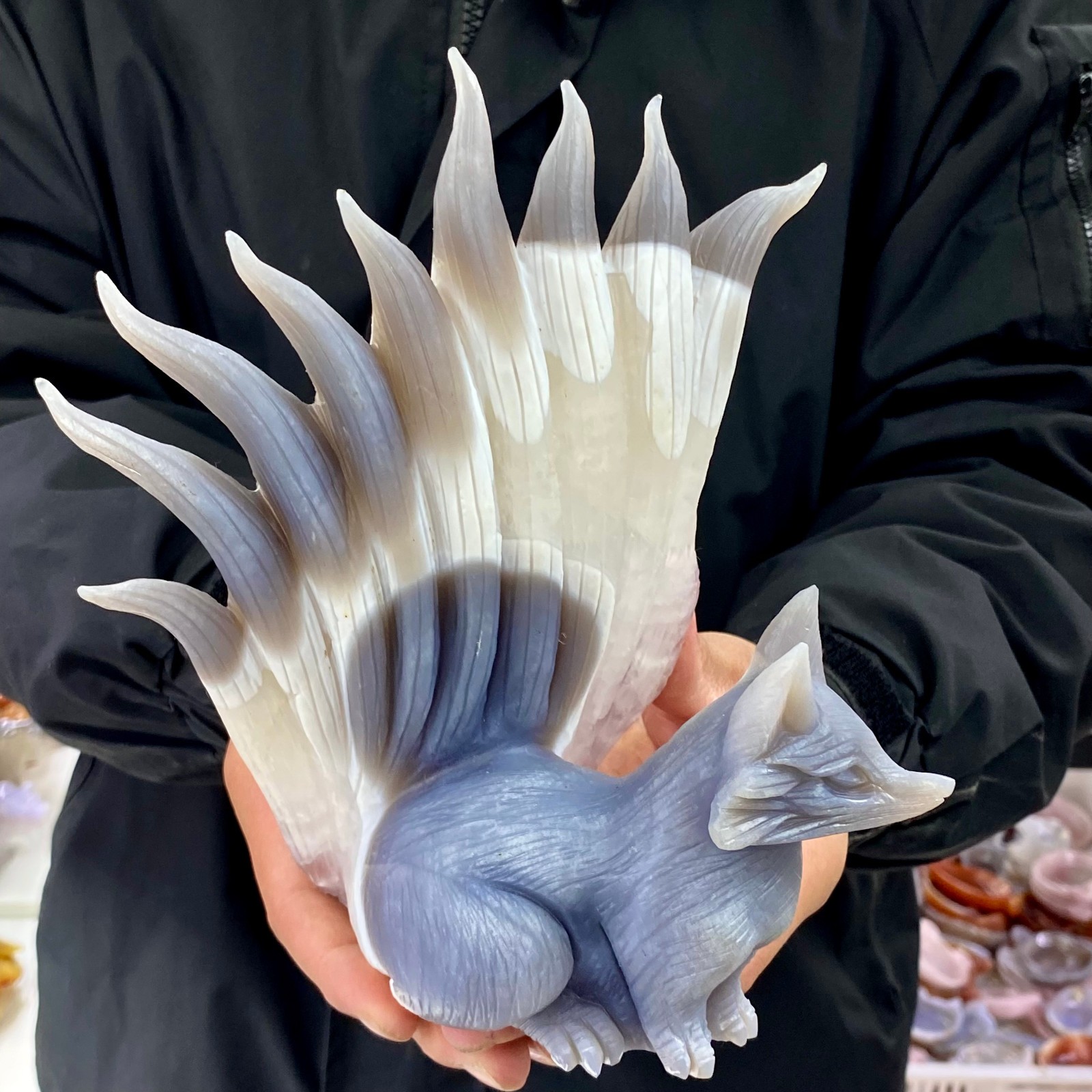 4.07LB Natural Agate Geode Hand Carved Nine-tailed Fox Quartz Crystal Decor