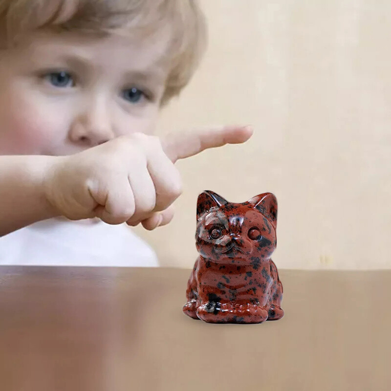 Natural Red Obsidian Quartz Crystal Felines Carved Lucky Cat Healing Mini Mscot
