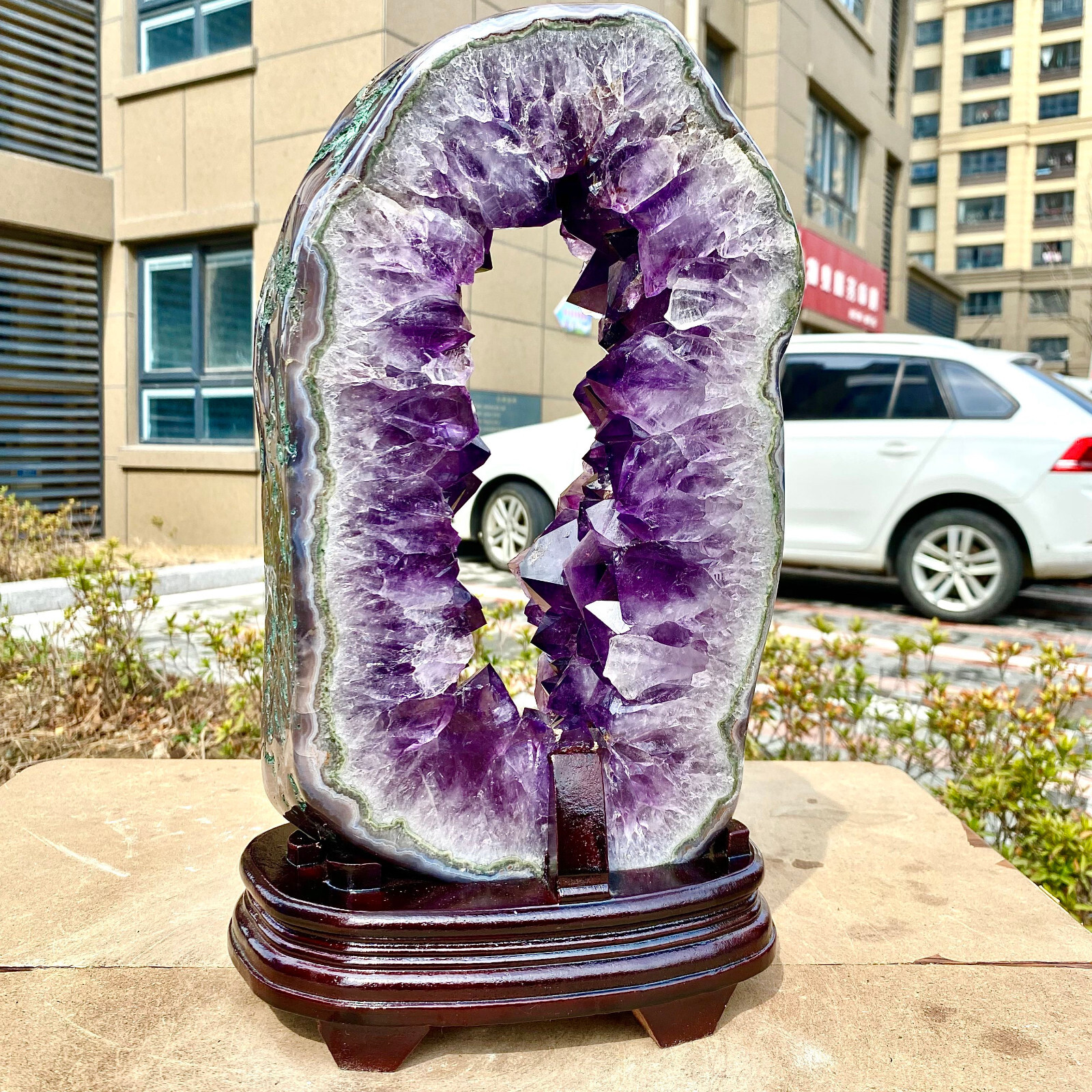 18.44LB Natural Amethyst Cave Crystal Slice Crescent shaped Hand Cut Repai