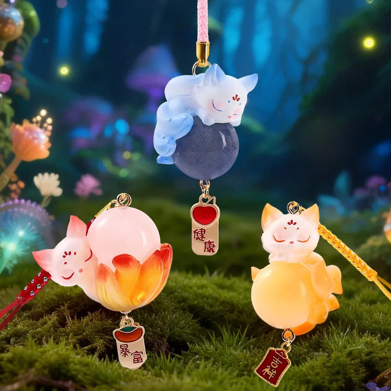 Cute Chinese Style Nine-Tailed Fox Resin Crystal Pendant Good Luck Car Decor Mys