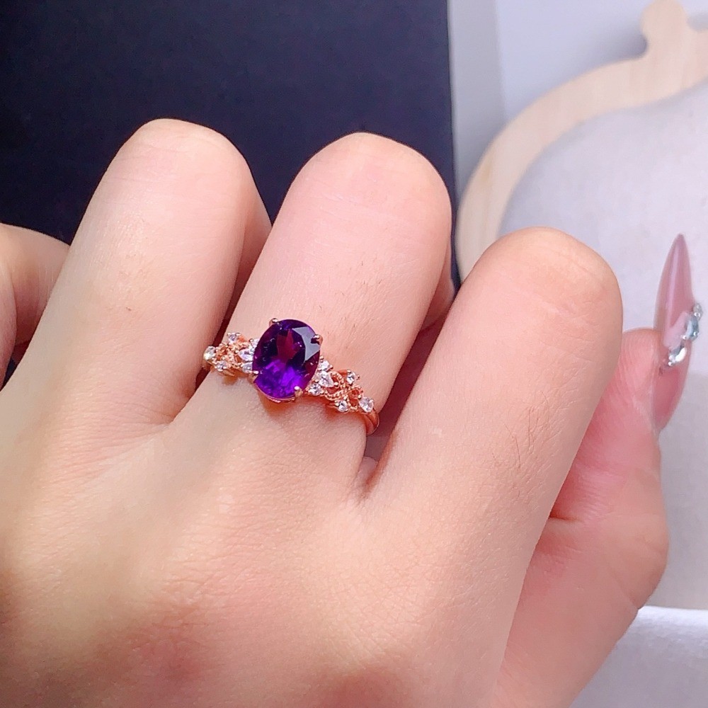 Natural Amethyst Open Adjustable Ring Gemstone S925 Silver Plated 18K Gold Gift