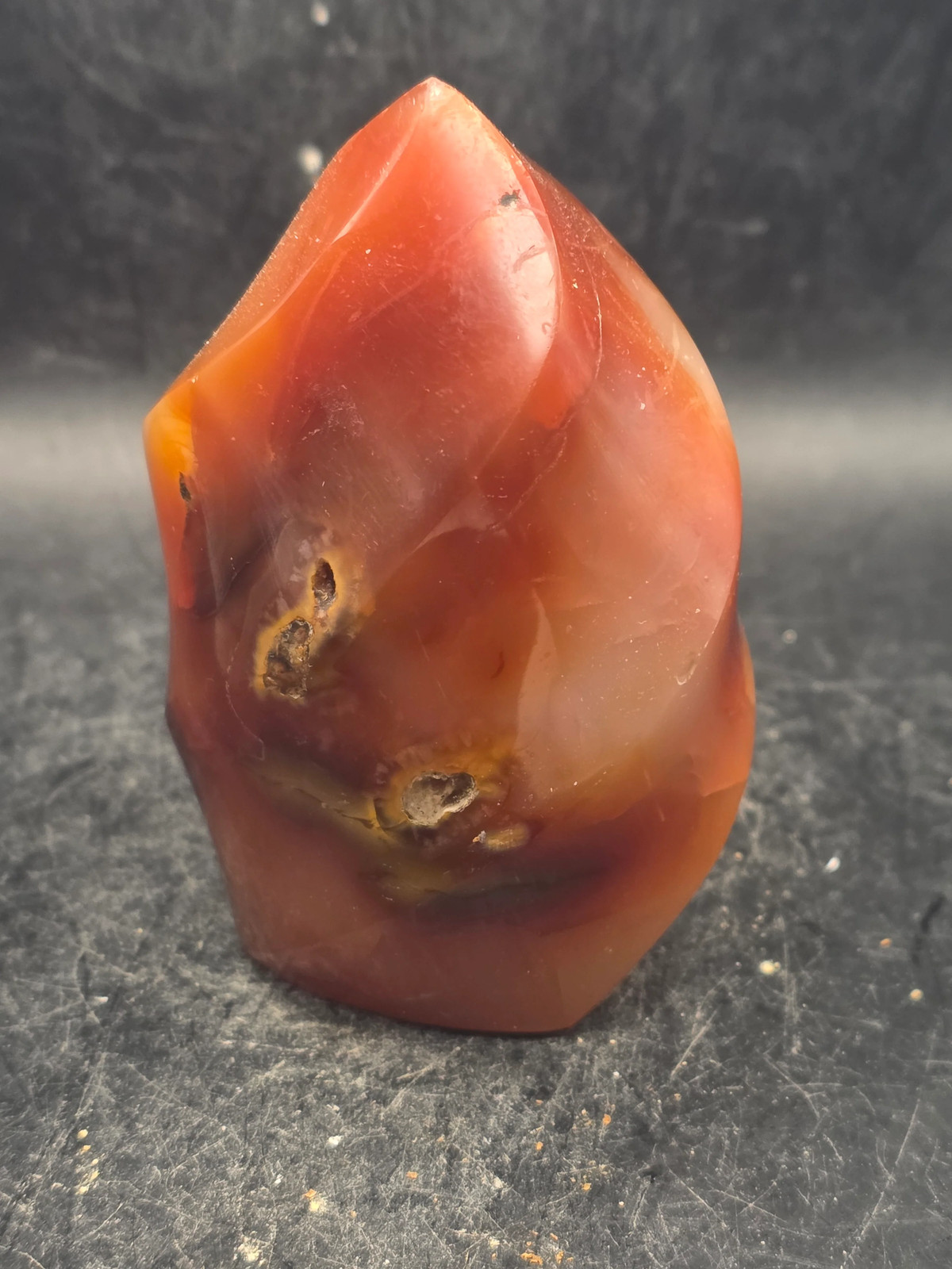 Carnelian agate flame tower! 10 ounces, 3.2 inches tall, 2.2″ wide!
