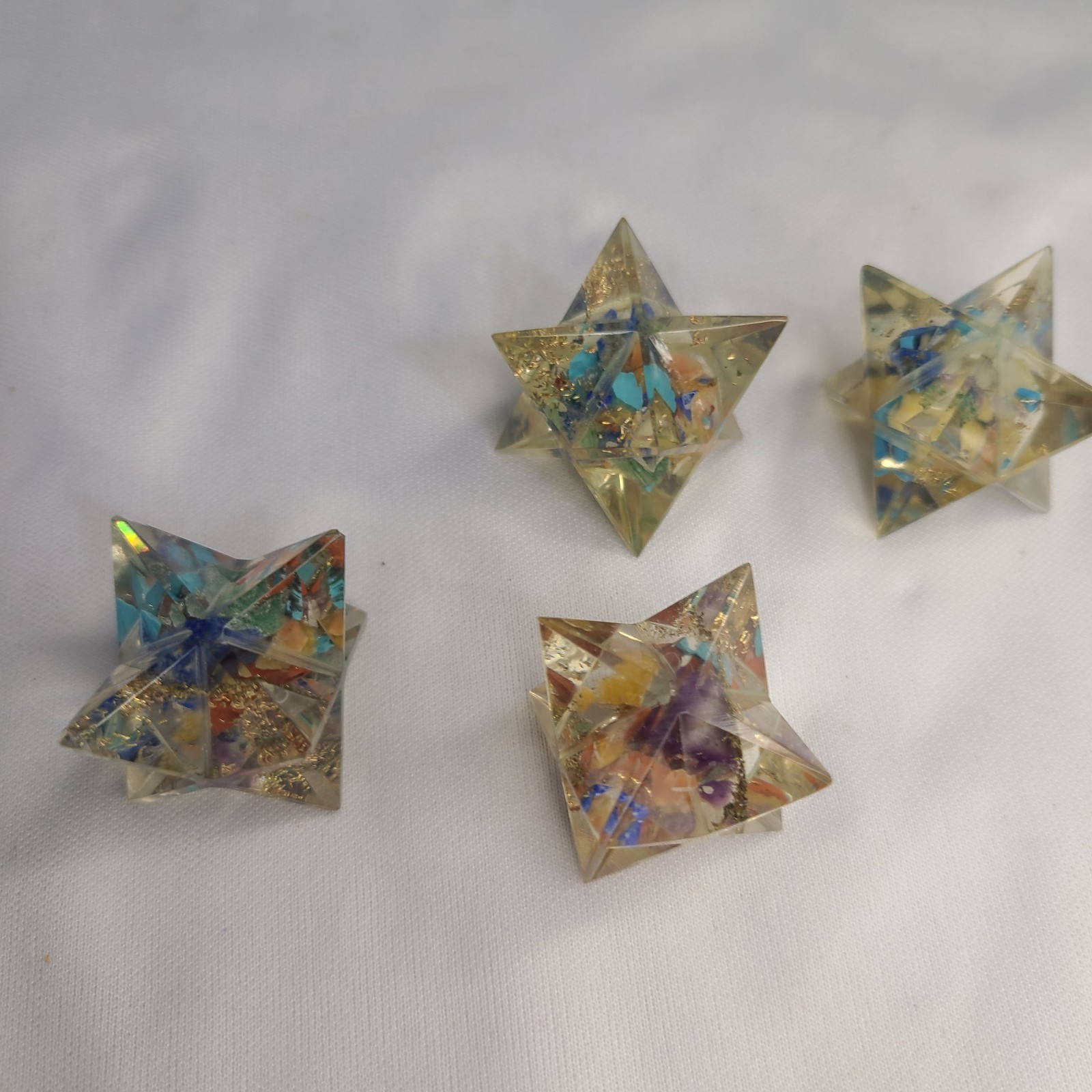 Lot 4 Vintage Merkaba Stars Lucite Acrylic Blue With Gold Leaf Kappa Healing 1″