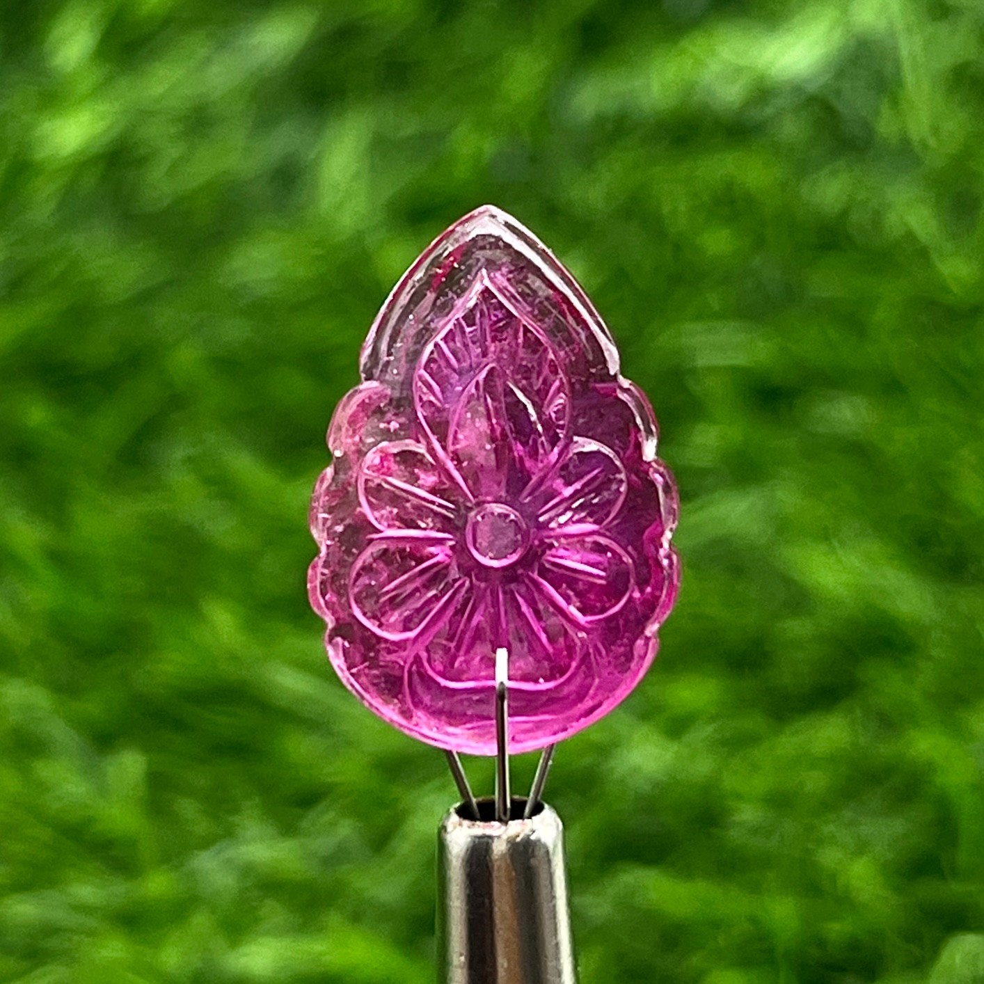 15.39 Ct Natural Pink Sapphire Carving Pear Cabochon Glass Filled Floral Carved