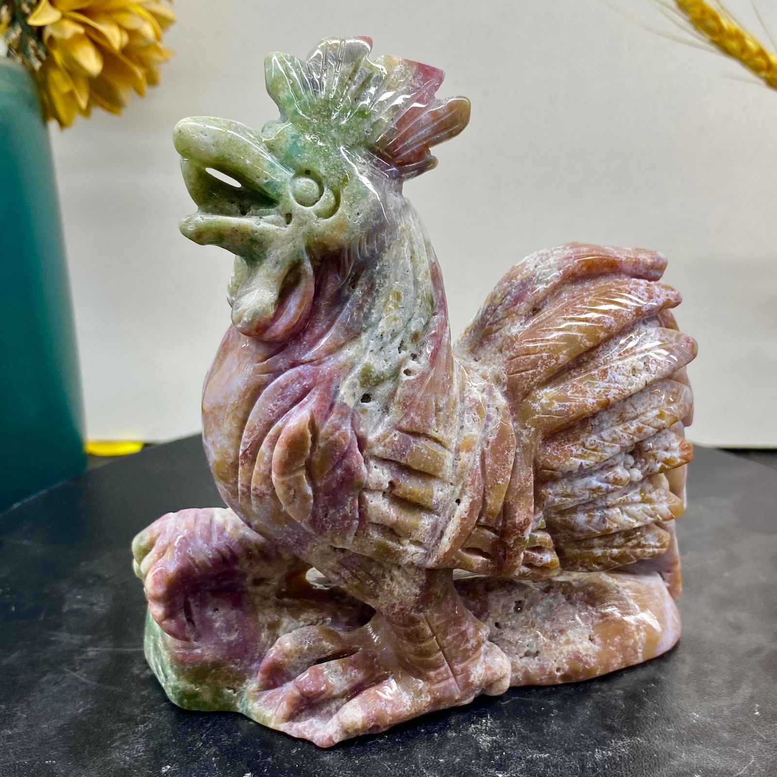 1.38LB Natural Ocean Carved Rooster Figurine Crystal Healing Stone