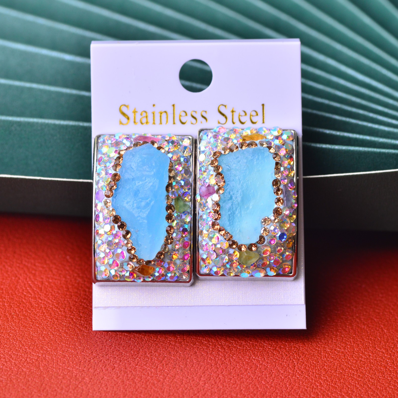 Aquamarine-inlaid alloy ear stud gemstone jewelry Energy Crystal