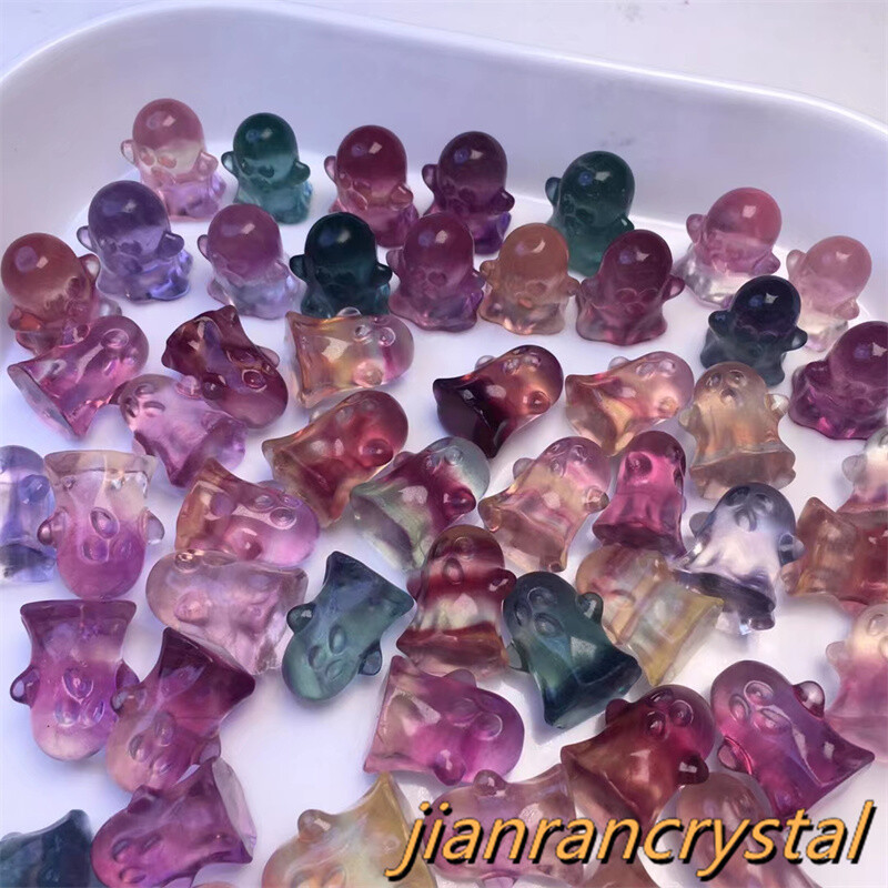 100pc Hand Carved Natural Fluorite Mini Ghost Quartz Crystal Skull Reiki Healing