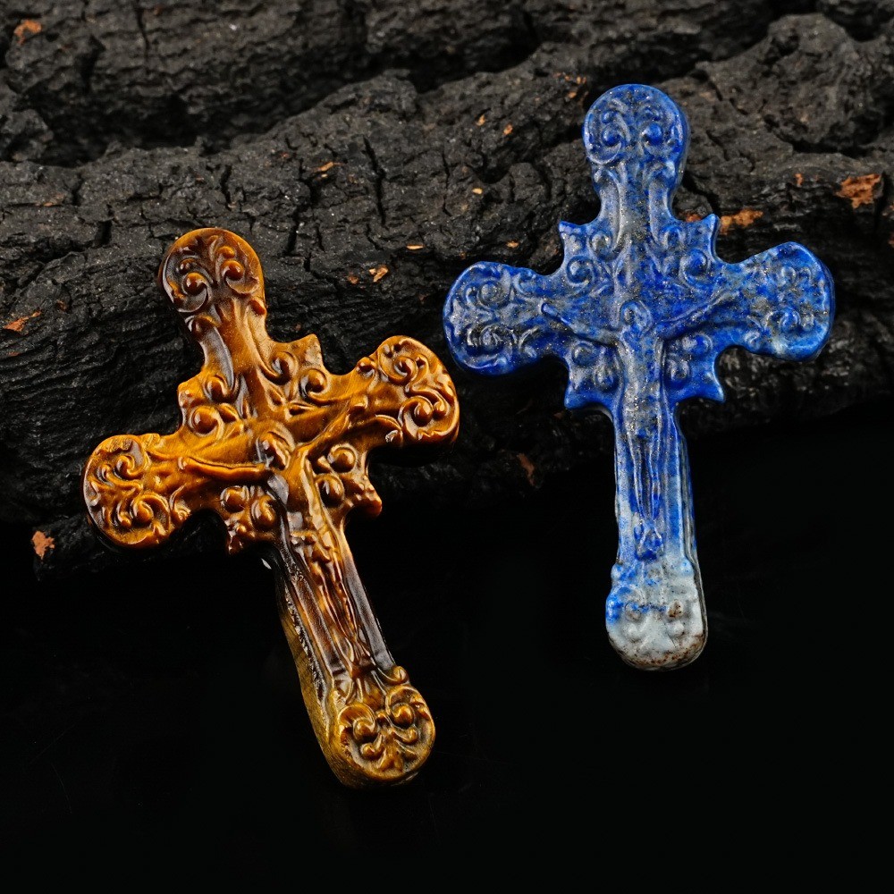 Natural Mixed Crystal Carved Cross Religious Reiki Healing Stone Jewelry Gift