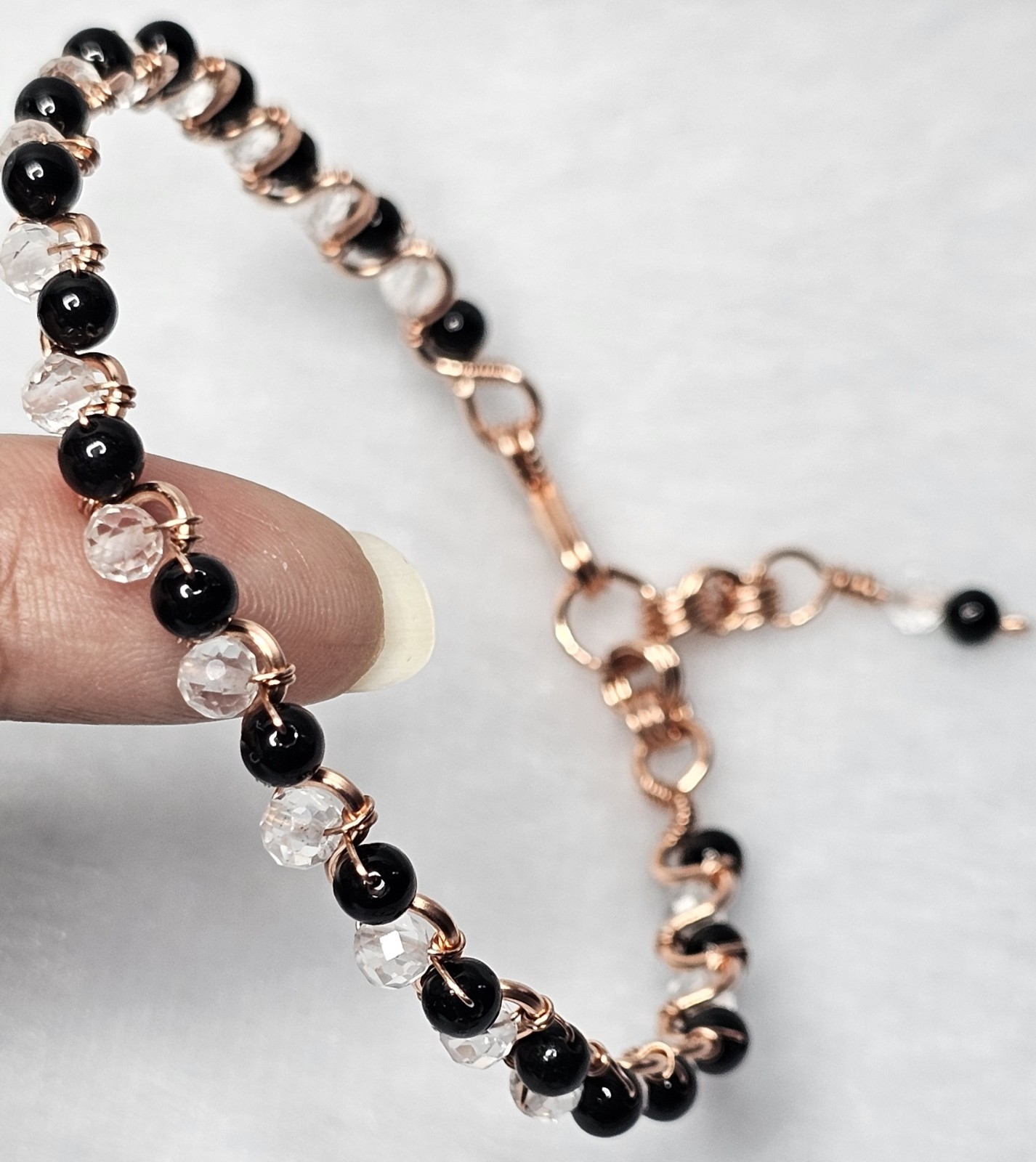 Clear Quartz and Black Tourmaline Bracelet 5mm Beads Wrapped In Copper 8 Inches
