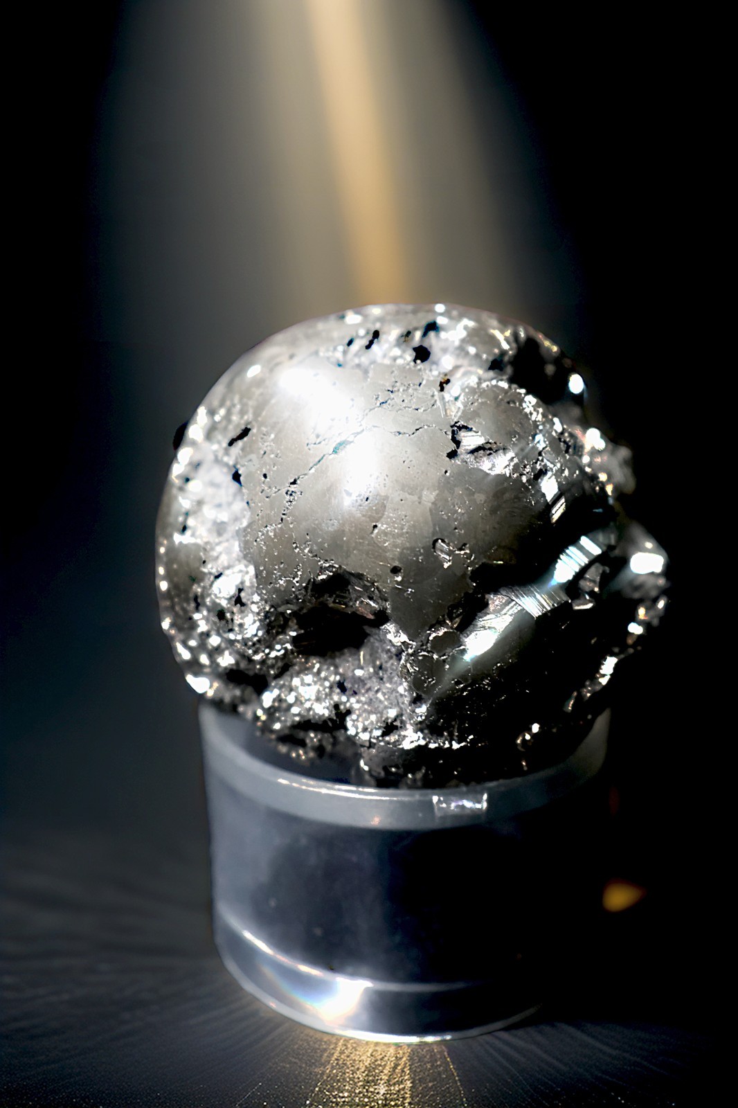 Pyrite Crystal Sphere with Plastic Display Base – Metallic Textured Mineral Ball
