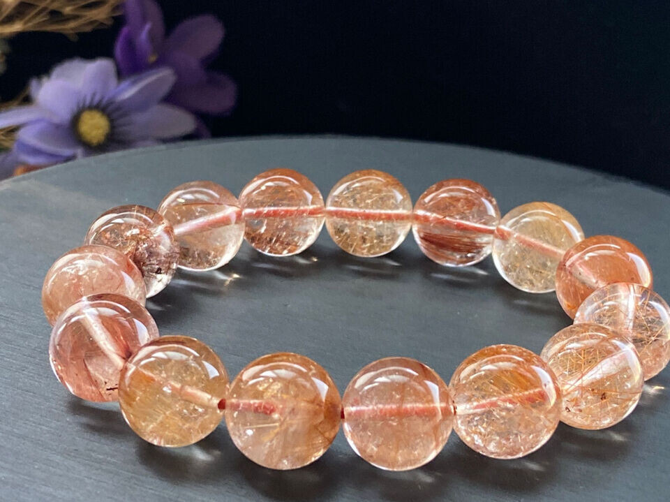 13mm Natural Rare yellow Rabbit hair Crystal Round Beads Bracelet AAA24047