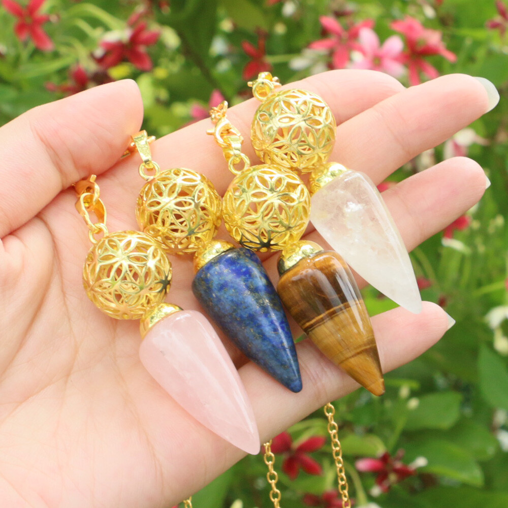 1pc Bullet Cone Crystal Chakra Chain Pendulum Quartz Stone Metal Dowsing Pendant