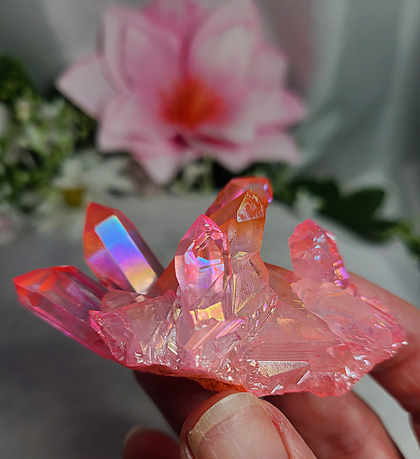 2.6″ 65g Beautiful Brazilian Pink Rainbow Aura Quartz Crystal Cluster Point