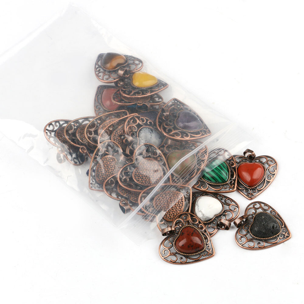 Natural Chakra Crystal Hollow Heart Bead Pendants Quartz Gemstone Healing Amulet