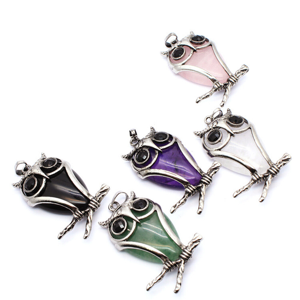 Natural Crystal Owl Shape Chakra Pendant Gemstones Necklaces Beads Reiki Healing