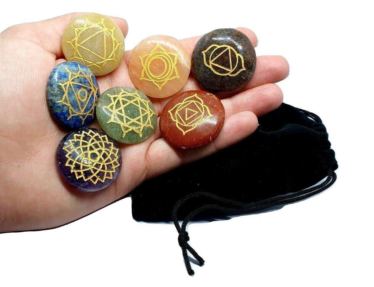7 Chakra Gemstone Set Genuine Crystal Healing Reiki Round Set Carved Stone & Bag