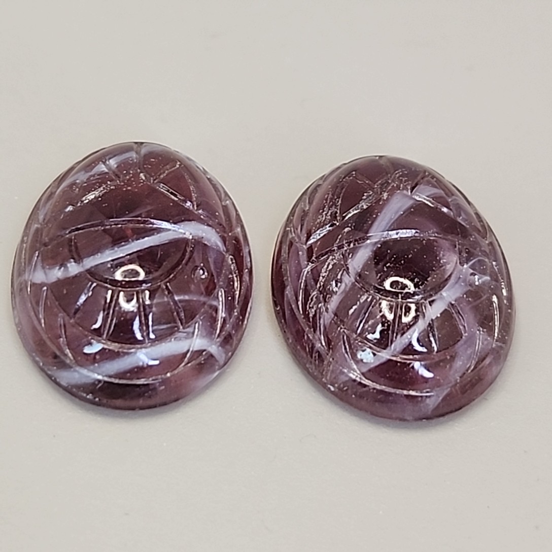 Carved Scarab Glass Gem Lot of 2 Purple Swirl Oval Egyptian Revival 25mm x 18mm