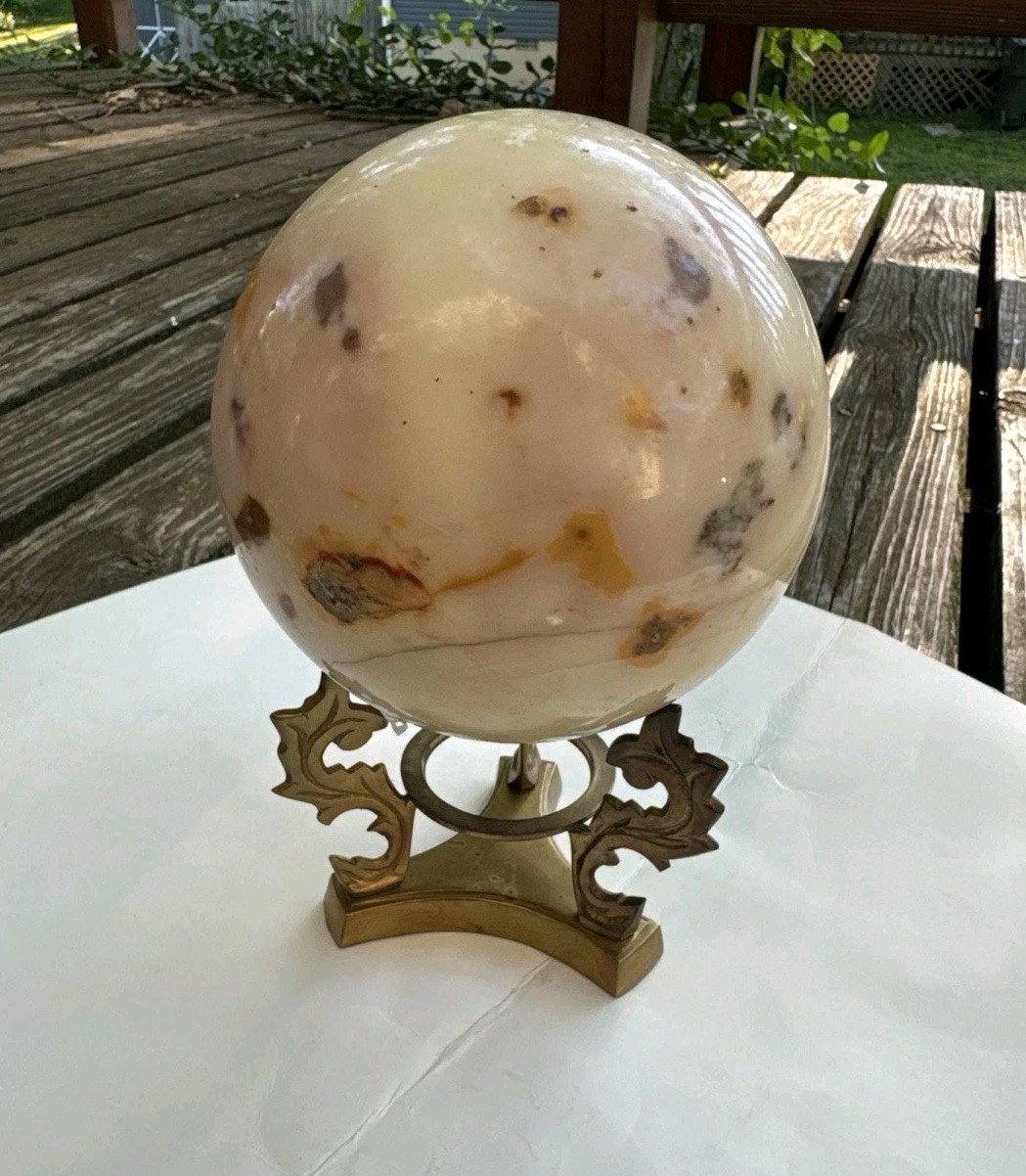 Vintage Polished 6in Brown Agate Sphere With Pedestal Large Heavy Healing Stone